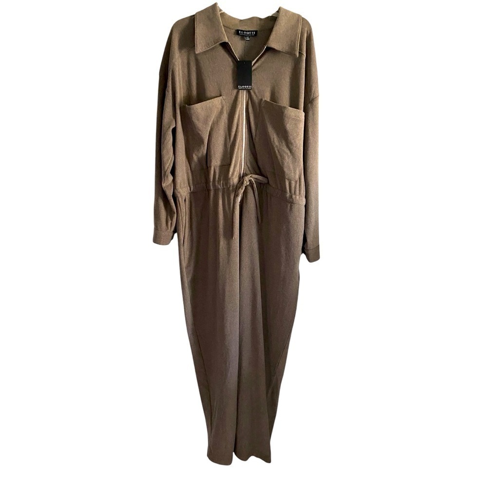 ELOQUII Women’s Taupe Long Sleeve Collared Jumpsuit Size 22/24 Zipper Front Plus